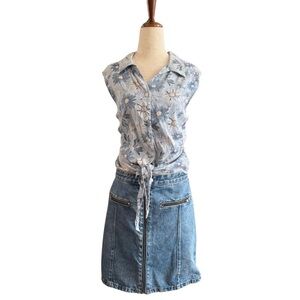 Blue Daisy Floral Sleeveless Button Up Tie Front Top Cotton Cottagecore Summer